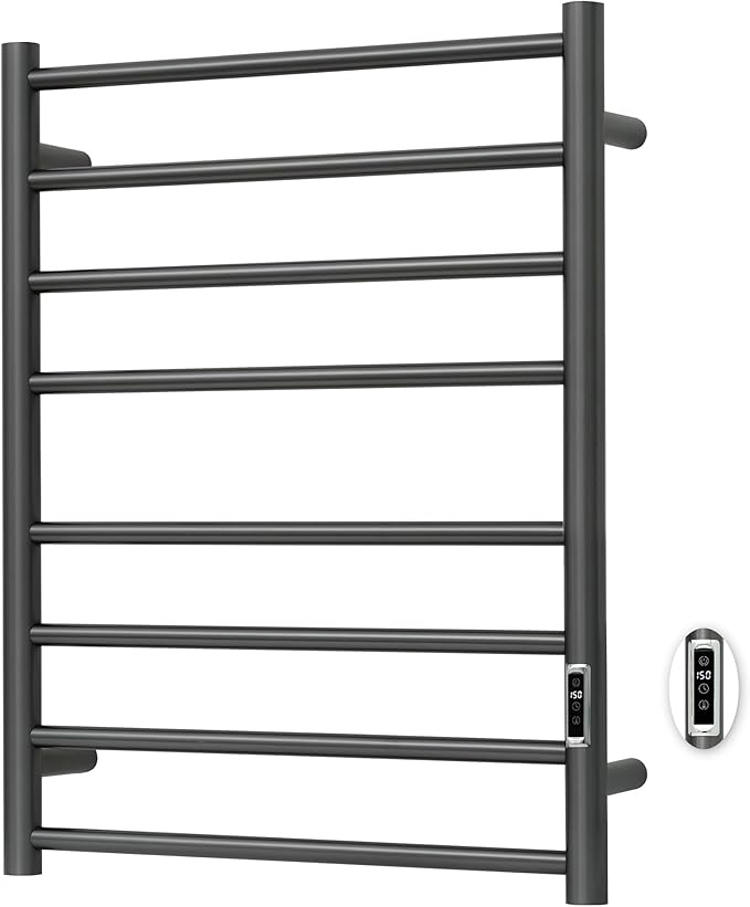 Heated Towel Racks for Bathroom, Wall Mounted Electric Towel Warmer Racks with Timer & Temperature Control, Stainless Steel Towel Heater for Bathroom (Round-Gunmetal Grey, 8 Bars)