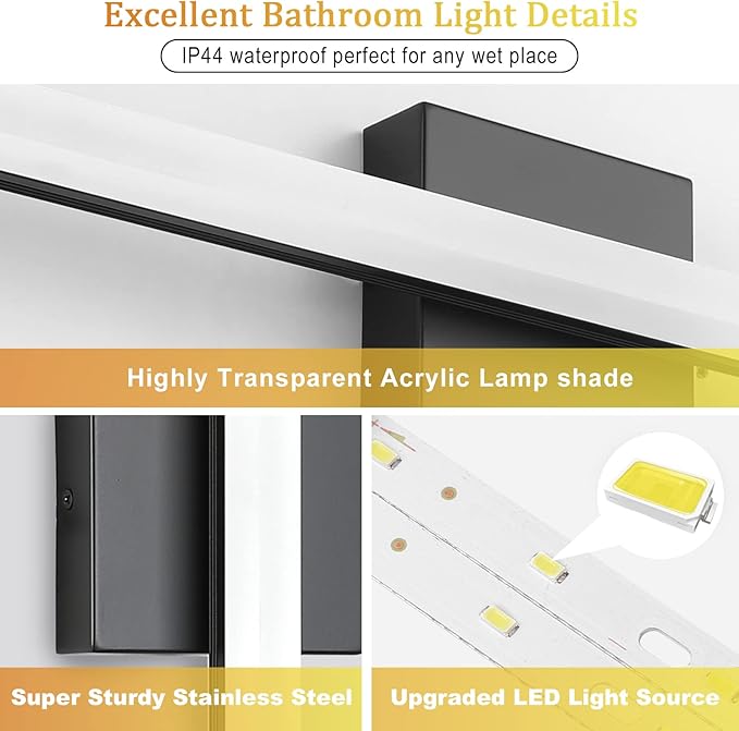 Combuh LED Bathroom Light Fixtures Over Mirror 24 Inch 14W, Black Vanity Lights Bar for Bathroom, Modern IP44 Wall Sconce Cool White 6000K