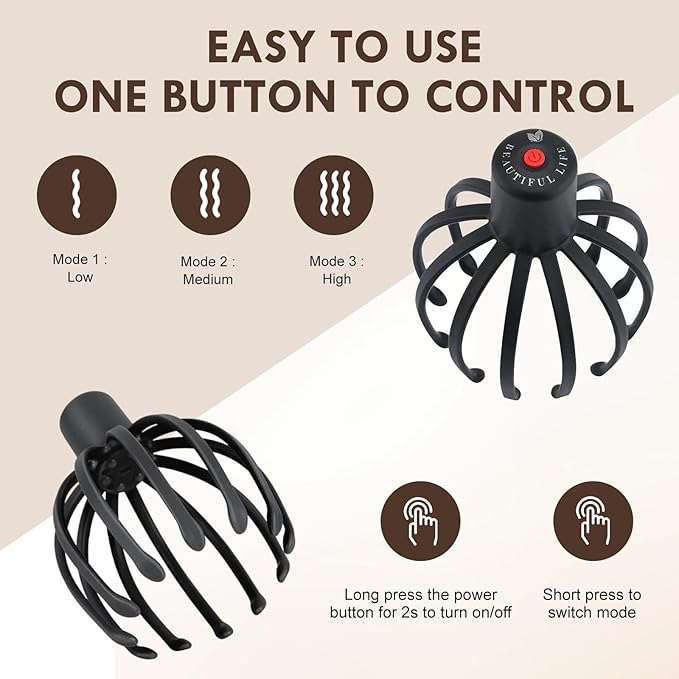 Electric Scalp Massager with 3 Modes, Head Massager Scalp, 360 Degree Head Massager, Cordless Portable Head Scratcher for Stress Relax, Birthday & Christmas Gift