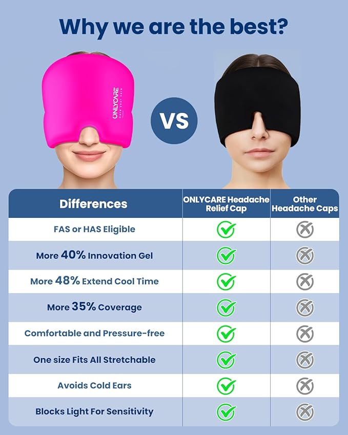 Upgraded Migraine Relief Cap, ONLYCARE Headache Relief Cap, Soothing Migraine Mask, Odorless Gel Ice Head Wrap, Hot & Cold Therapy, Reusable Ice Pack for Tension and Stress Rose Red