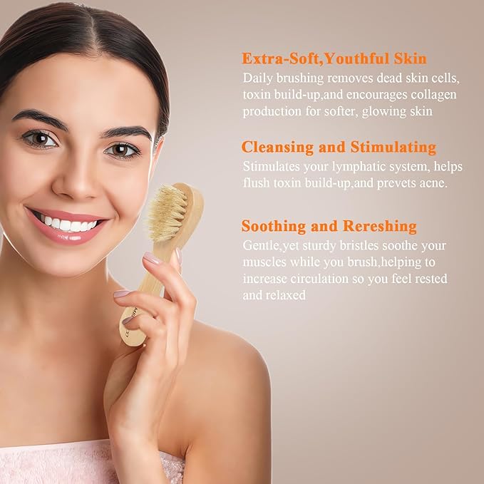 SAMEBUTECO Dry Brushing Body Brush Set with Long Handle, Natural Boar Bristle Body & Face Brush, Wooden Detachable Scrub Brush, 3 Brush Heads for Exfoliating & Body Care