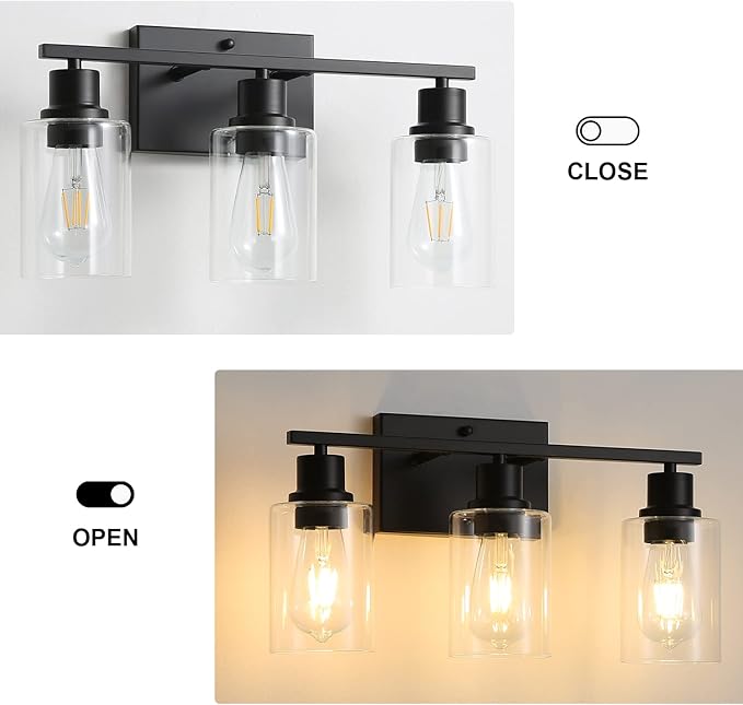 Bathroom Vanity Light Fixtures, 3-Light Matte Black Bathroom Lights, Wall Sconces with Clear Glass Shade for Hallway Farmhouse Bedroom Living Room