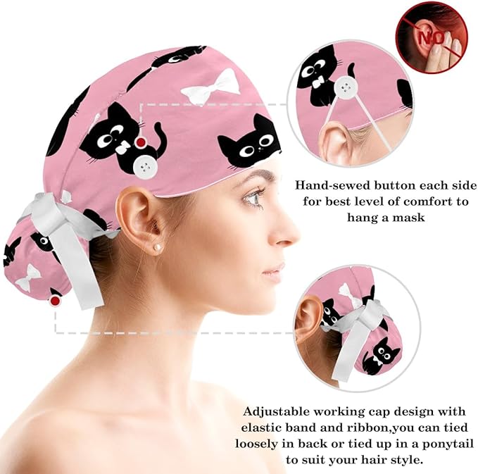 Scrub Caps Women Ponytail Cute Pink and White Leaves Caps Bouffant Working Hat Elastic Tie Back Hats with Button