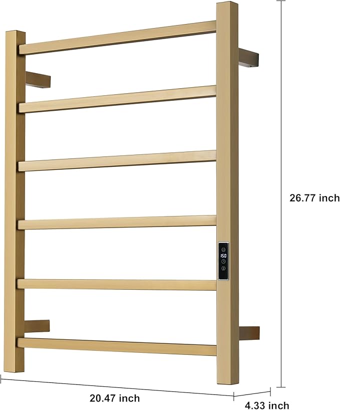 Heated Towel Racks for Bathroom, Wall Mounted Electric Towel Warmer Racks with Timer & Temperature Control, Stainless Steel Towel Heater for Bathroom (Square-Brushed Gold 6 Bars)