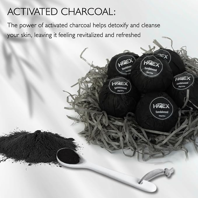 HZEX Charcoal Activated Bath Bombs for Men – Detox with Handmade Organic 6 Pack Bath Bomb Set, up to 3 Scents (Sandalwood, Bergamot, Ocean), Individually Wrapped (Sandalwood)