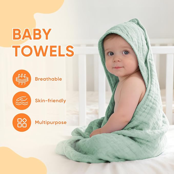 MIGIOL Muslin Hooded Baby Towels 100% Cotton ，Super Soft Muslin Baby Bath Towel - 32 x 32 Inches, Suitable for Newborn and Young Children up to 3 Years Old. (Beige & Green)