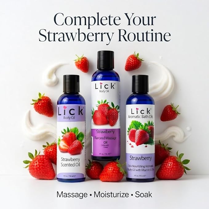Lick Strawberry Flavored Massage Oil with Natural Vitamin E - Aromatherapy & Moisturizing Body Oil for Relaxing Muscle Massage - Essential Non-Sticky Skin Therapy for Men and Women - 4 oz