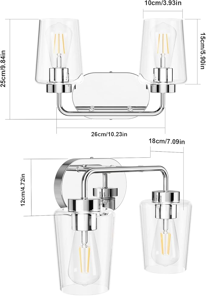 Tipace Chrome Vintage Bathroom Vanity Light,2 Lights Modern Stainless Steel with Clear Glass Bathroom Light Fixtures Industrial Wall Mount Lighting Sconce(Exclude Bulb)