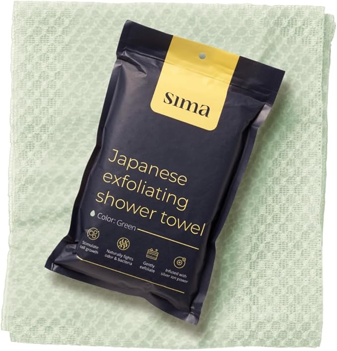 Sima Brand Exfoliating Washcloth Face & Body Scrub Towel - Japanese Exfoliating Towel with Hexagon Fibers, Body Scrubber with 2 Sides for Scrubbing & Washing, Extra Long Body Towels (Green)