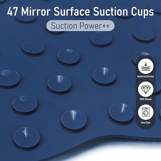 Shower Foot Scrubber Mat Large 2.0- Silicone Feet Toes Massage Exfoliate Cleaner Pad Long Brush Without Bending Non-Slip Suction Cups in Shower Floor Bathtub Foot Relax Spa 17.4 * 13" Navy Blue