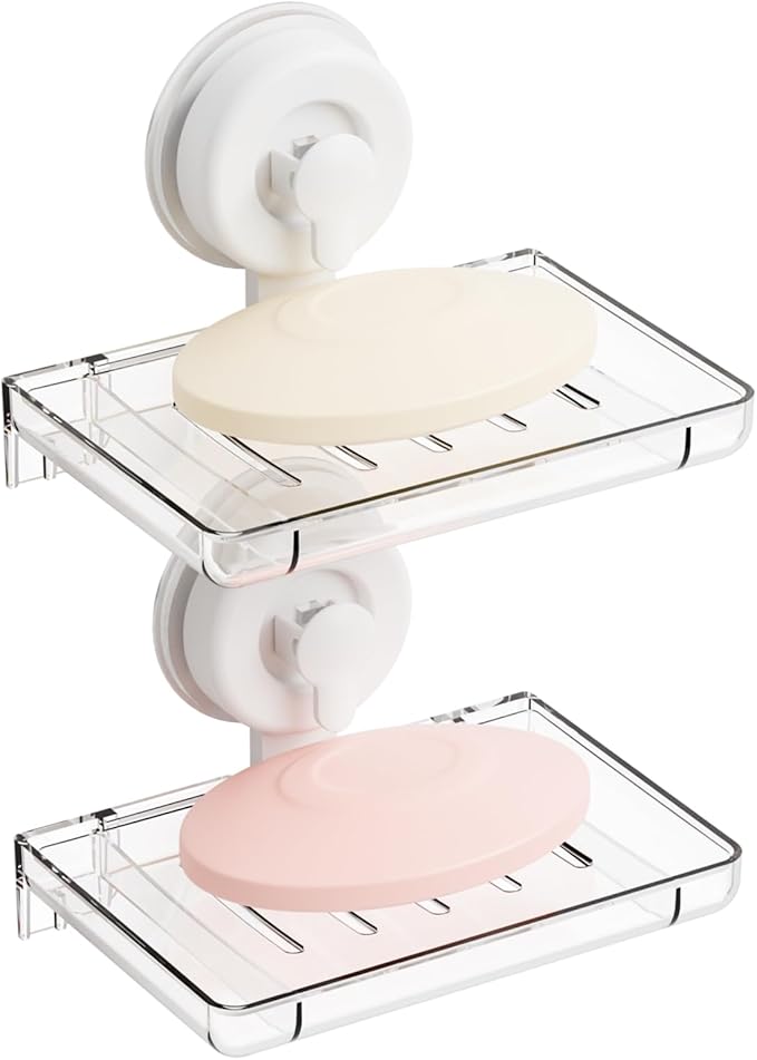 SUOXING 2 Pack Bar of Soap Holder for Shower with Suction Cup,Rustproof Wall Mounted Acrylic Shower Soap Rack & Caddy for Bathroom,Bath,Kitchen,Plastic Self Draining Soap Holder and Soap Shelf,Clear