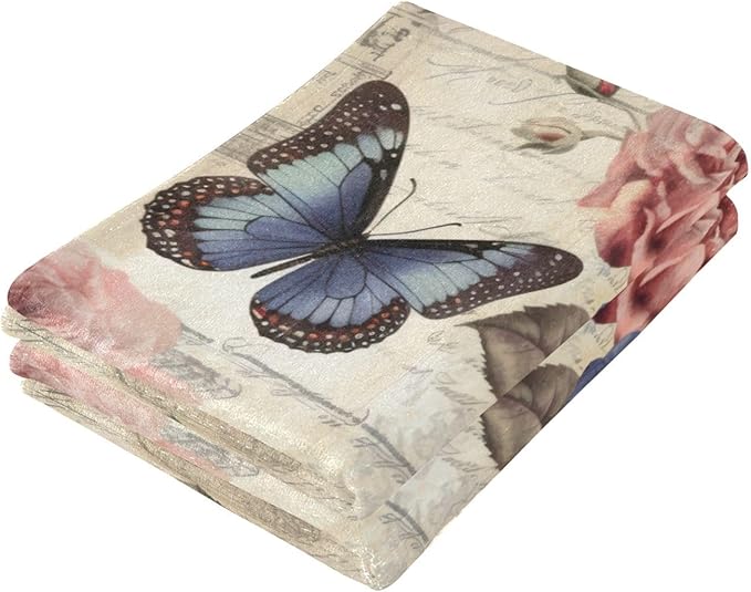Vintage Pink Blue Rose Floral Butterfly Hand Towels for Bathroom Set of 2,Retro Peony Flower Decorative Bathroom Towels for Bath,Face,Hair,Soft Absorbent Dish Towels for Kitchen Decor 28"x14"