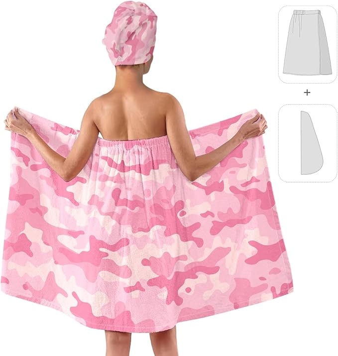 Women's Pink Camo Towel Wrap and Hair Drying Cap Set – Quick Dry Microfiber Shower Wrap with Adjustable Closure – Spa, Dorm, Gym, Military Gift for Her