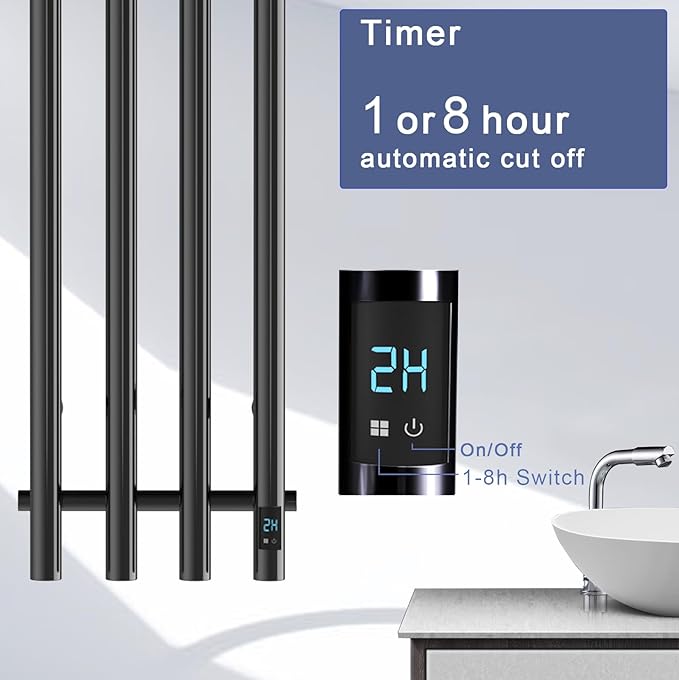 Electric Heated Towel Rack Warmer, Wall Mounted, Stainless Steel, 4 Bar Vertical Round Design, 5 Minute Rapid Heating, Timer Control, 10.1 x 37.4 Inches (Black)