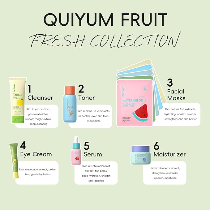 QUIYUM Fruit Skin Care Sets, Routine Skincare with Facial Mask, Beauty Skincare for Women, Facial Care, Hydration, Moisturizing, Oil Control, Glow Up, Teen Girl Gifts Trendy Stuff, Spa-Like at Home