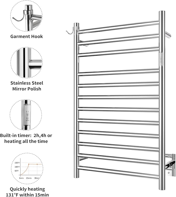 Wall Mounted Towel Warmer 12 Bars with Plug-in and Hardwired Options 3 Working Modes Mirror Polished Stainless Steel 21”W 34”H