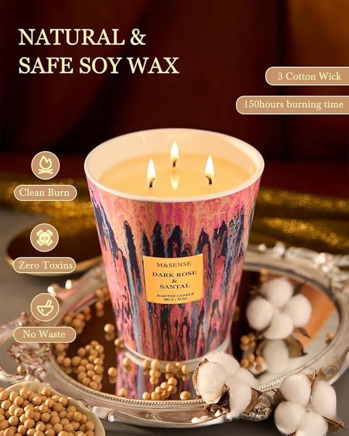 M&SENSE 3-Wick Dark Rose Large Soy Scented Candle, 35oz 150H Non-Toxic Luxury Floral Aroma, Spring Decor Candle, Romantic Perfect Present for Mom Her