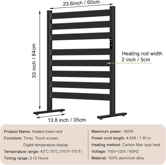 Towel Warmers for Bathroom, Heated Towel Racks, 8-Bar, Upgraded Extra-Wide Heating Area, Built-in Timer and Temperature Adjustment, Large Free-Standing Heated, Black