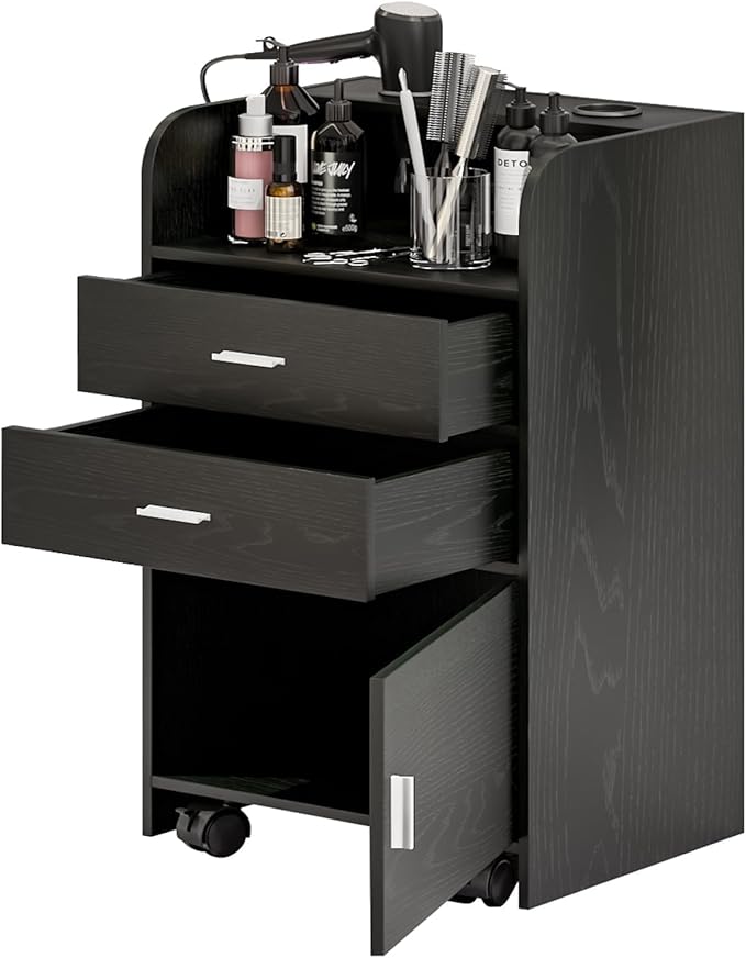 4ever2buy Salon Station for Hair Stylist, Black Beauty Barber Station, Salon Trolley Cart with Wheels, Mobile Organizer for Salon, Spa, Barbershop, Nail & Beauty Tools, Black