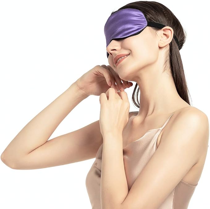 100% Mulberry Silk Sleep Mask Blackout, Cute Natural Sleeping Mask with Adjustable Elastic Strap, Satin Eye Cover for Men Women Adults (Purple)