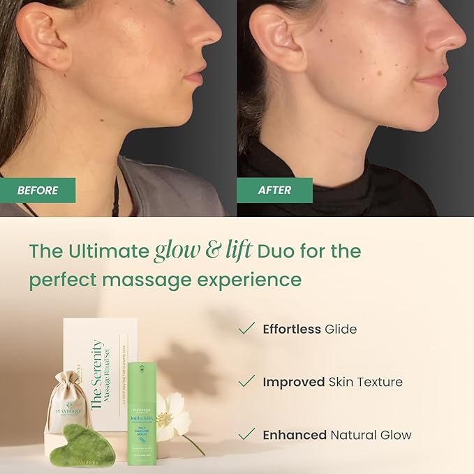 PLANTIFIQUE Massage Set: Jade Gua Sha & Korean Face Serum with Jojoba Oil, Hyaluronic Acid and Niacinamide for Glowing Skin (30ml) - Skincare Gifts for Women, Moms, Teens
