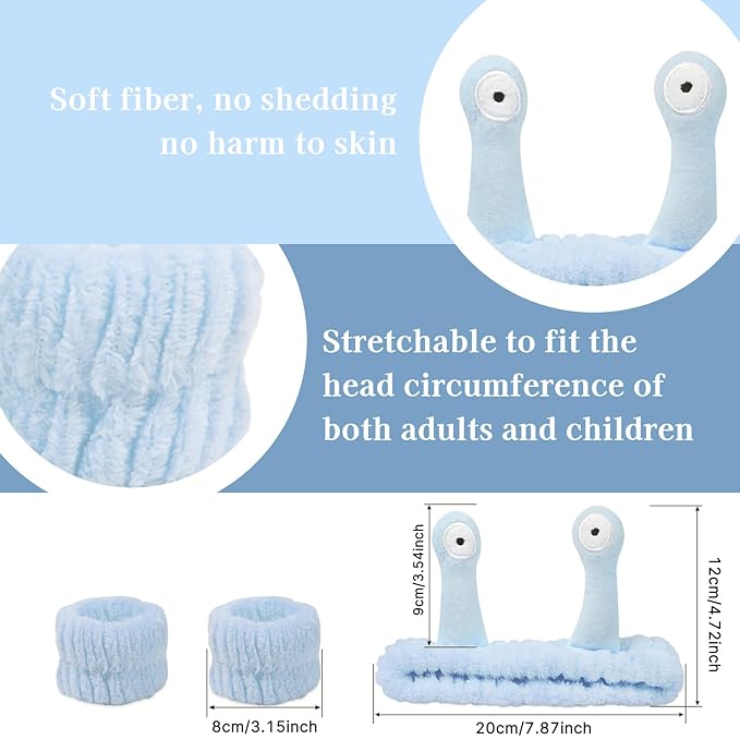 Snail Face Wash Headband Skincare & Wrist Bands for Washing Face Set Cute Spa Headband for Women and Wrist Faces Wash Bands for Shower, Facial Cleaning, Soft Coral Fleece Makeup Headbands,Blue ＆ Gray
