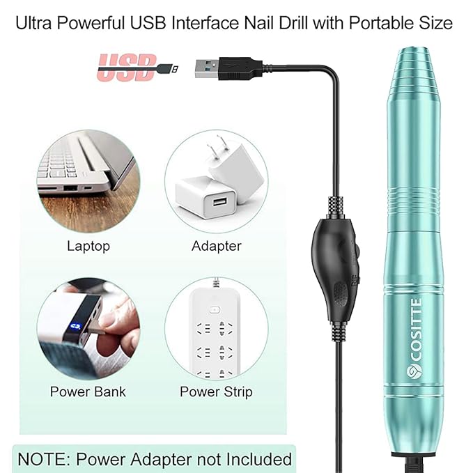 COSITTE Electric Nail Drill,USB Electric Nail Drill Machine for Acrylic Nail Kit,Portable Electric Nail File Polishing Tool Manicure Pedicure Kit Efile Nail Supplies for Home Salon,Green