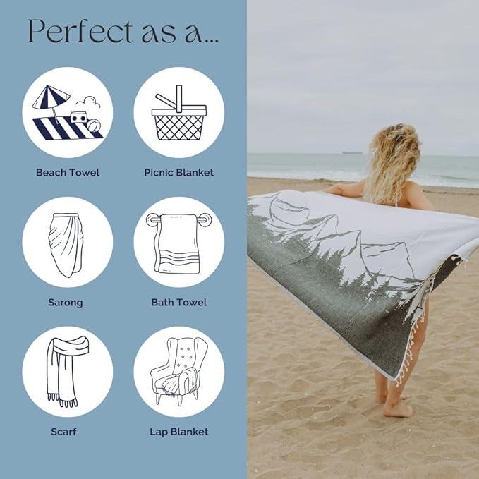 InfuseZen Turkish Towel with Mountain Landscape – 100% Organic Turkish Cotton - Sand Free Quick Dry Beach Peshtemal – Thin Reversible Absorbent Pool Hammam – Plus Size Gym, Travel Fouta (Black)