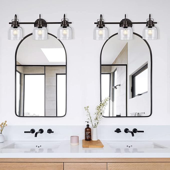 Bronze Bathroom Vanity Lights, 3-Light Vanity Light Fixtures for Bathroom, Oil Rubbed Bronze Vanity Light with Clear Glass Shade, Wall Sconces Lighting for Bathroom, Living Room, Hallway(E26 Base)