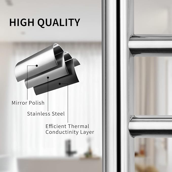 Wall Mounted Towel Warmer 8 Bars with Plug-in and Hardwired Options 3 Working Modes Mirror Polished Stainless Steel 21”W 34”H