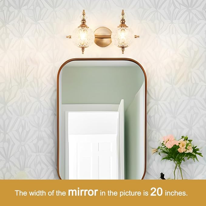 Brushed Antique Brass Bathroom Vanity Light Fixture Vintage Style - 2 Light G9 Bulb Compatible, 17" Wide Bathroom Lighting Over Mirror with Hand-Etched Glass Shades, Easy Mount for Makeup Area