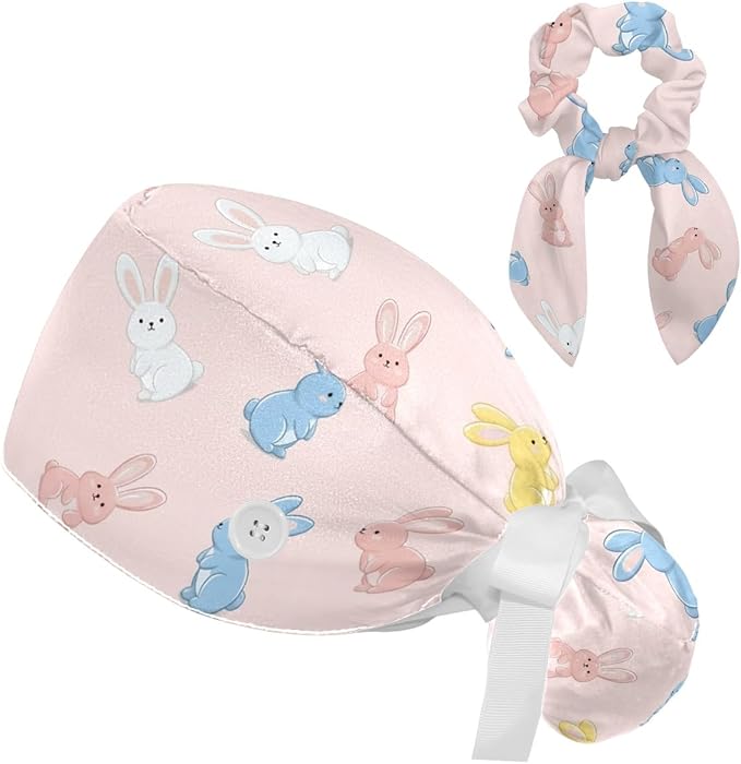 Scrub Caps Women Ponytail Cute Pink and White Leaves Caps Bouffant Working Hat Elastic Tie Back Hats with Button