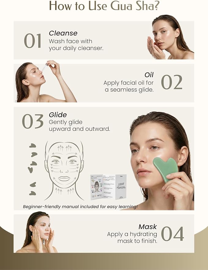 Gua Sha Facial Tool – Green Stone Guasha Tool for Face & Neck – Face Massager Tool for Lymphatic Drainage, Puffiness Reduction & Jawline Sculpting (Light-Green)