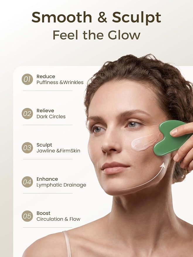 Gua Sha Facial Tool – Green Stone Guasha Tool for Face, Neck & Body – Gua Sha Tool for Lymphatic Drainage, Puffiness Reduction & Targeted Tension Relief – Beauty Skin Care Gift (Light-Green)
