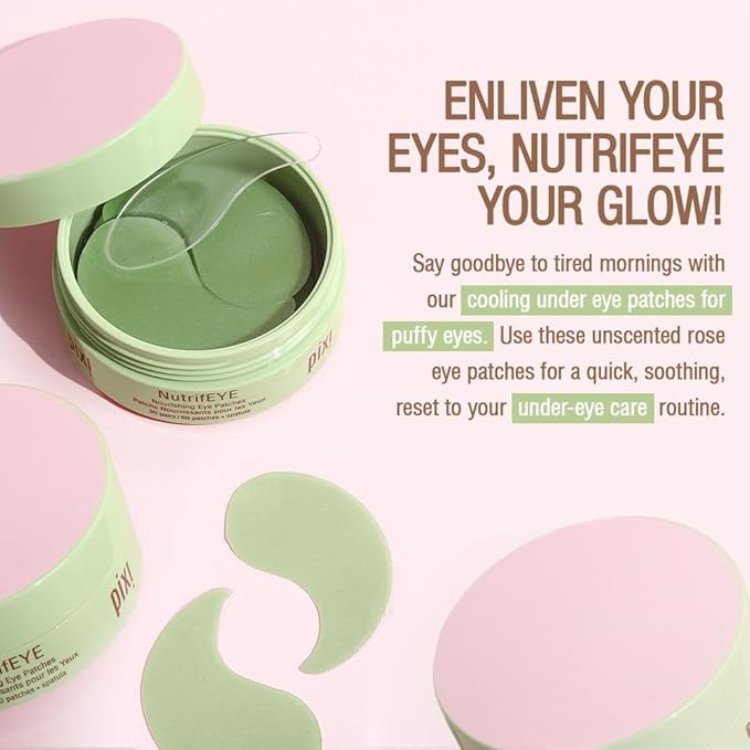 Pixi Beauty NutrifEYE Soothing Rose Under Eye Gel Patches | Eye Masks for Puffy Eyes with Rose, Aloe Vera, and Chamomile to Hydrate, Calm, and Depuff | 30 pairs / 60 patches