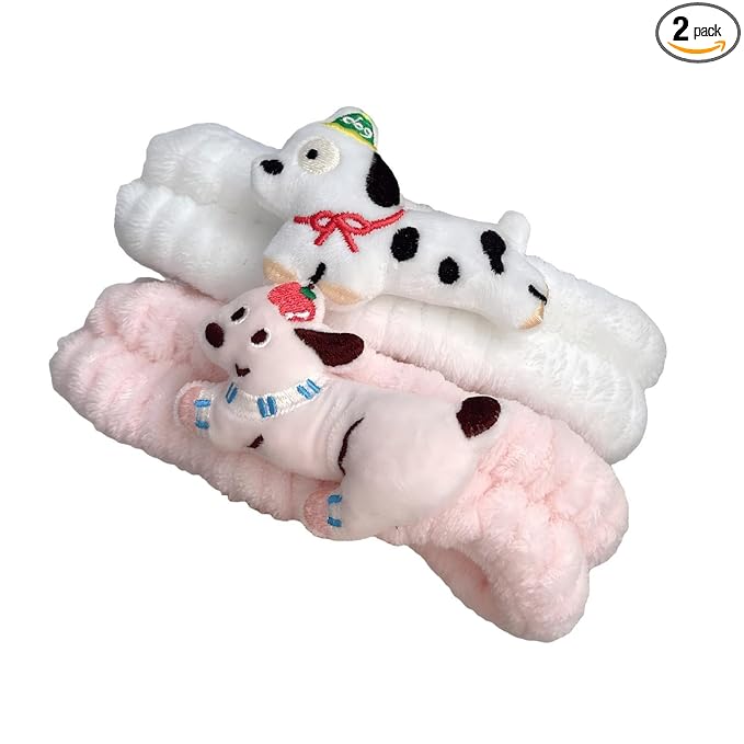 PERFECTSIGHT Kawaii Headband for Spa, Makeup, Washing Face, Party - 2 Pack Cute Hair Band for Shower Beauty Skincare, Soft Facial Headbands for Girls and Women (White+Pink Puppy)