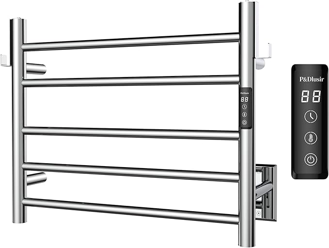 P&Dlusir Towel Warmer, Heated Towel Rack with Smart Timer and Thermo Control, Wall-Mounted Heated Towel Rail, Stainless Steel, Hard-Wired/Plug-in, Polished, 5 bar