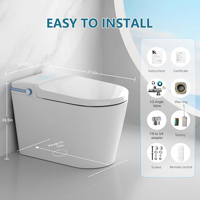 TDH Smart Toilet,One Piece Bidet Toilet for Bathroom,Toilet with Fahrenheit LED Display,Aromatherapy Tablet,Foot Sensor Operation & Auto Flush,Warm Water & Dry Function,Round Bidet Toilet Seat