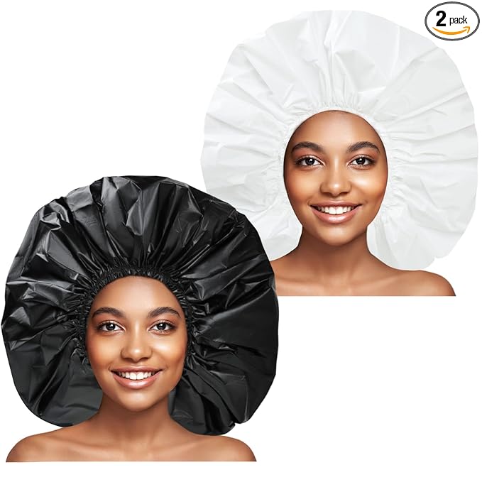 Super Jumbo Shower Cap 2 PCS Waterproof Shower Caps for Women, Extra Large Shower Cap, Reusable Super Large Bath Caps Hair Cap for Long Thick Curly Hair, Locs, Twist Braids - Black + White