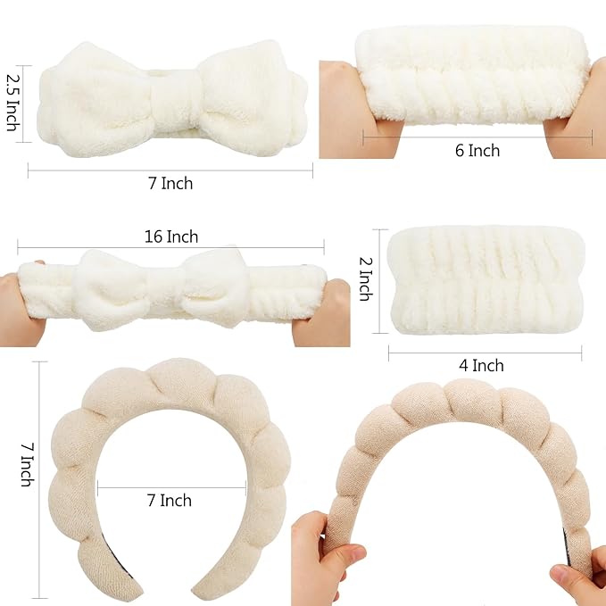 Chanaco Spa Headband, Khaki, Beige - Soft & Comfortable Microfiber Facial Headband for Women, Washing Face, Makeup, Skincare, Yoga, Shower, Party, Sleepover & Gifts - Set of 1 Headband & 4 Wristbands