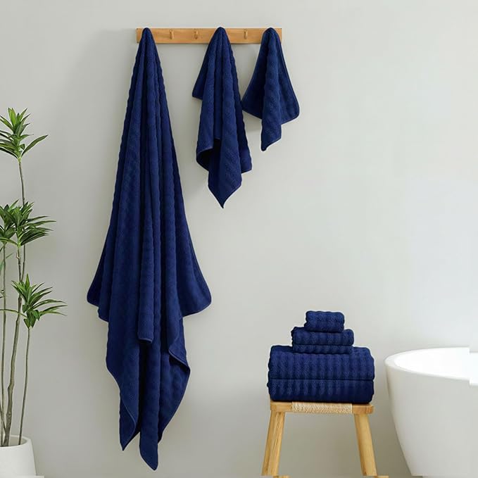 KBY Bath Towels Set 6 Piece 40x80 Inches，2 Extra Large Bath Sheets 2 Hand Towels 2 Washcloths，Highly Absorbent Quick Dry Microfiber,Ultra Soft Towel Set for Bathroom，Spa，Gym， Hotel(Navy Blue)
