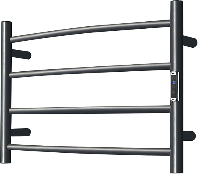 Towel Warmer with Built-in Timer Bathroom Wall Mounted Bath Towel Heater Plug-in Electric Heated Towel Rack Stainless Steel Curved Round Oil Rubbed Drying Rack 16.54x23.62x5.51 inches Gunmetal