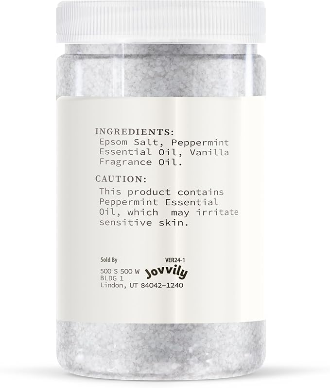 Jovvily Peppermint & Vanilla Epsom Salt - 2 lb - Scented Soaking Solution for Body & Feet