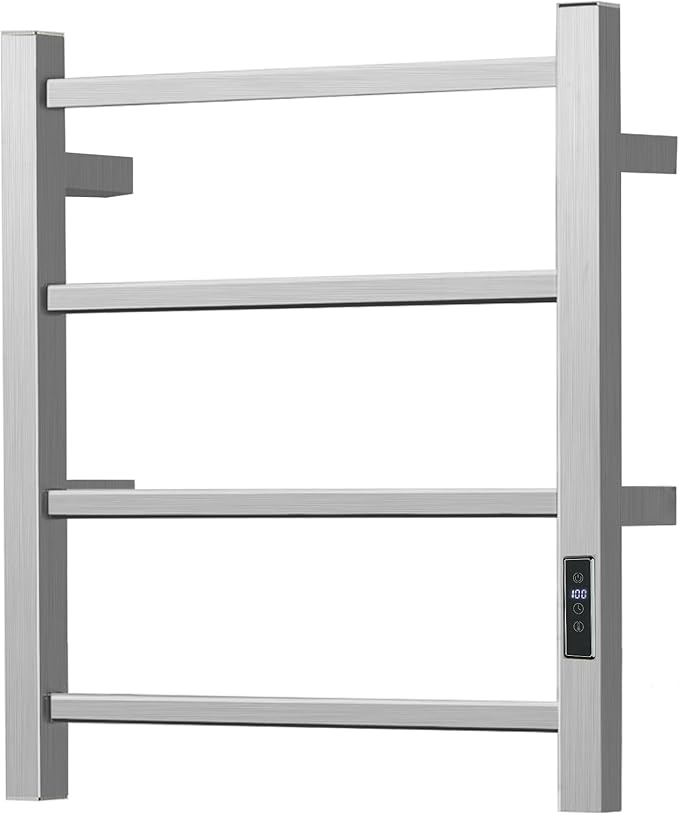 HARNDY Electric Towel Rack with Voice Control for Alexa & Google Home,TUYA - Wall-Mounted Bathroom Heating Towel Warmer,Plug-in,Stainless Steel Material (Square Brushed with Timer, 4 Bar)