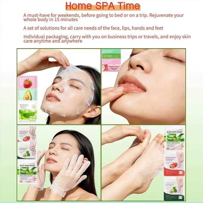 12PC Natural At-Home Spa Skincare Kit | Strawberry Aloe Vera Avocado Face Hand Foot Lip Mask Set | Hydrating Nourishing for Dry/Dehydrated Skin | Gentle Daily Care & Holiday Gift Favors for Women