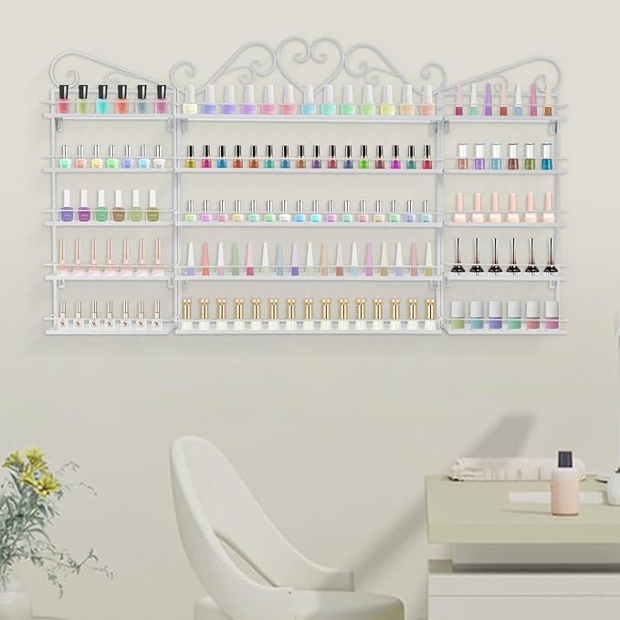 DouSeiAi 5-Tier Wall Mounted Nail Polish Storage Rack, Metal Cosmetic Organizer for Lipstick, Perfume & Essential Oils, Display Shelf for Home, Spa, Nail Salon, White