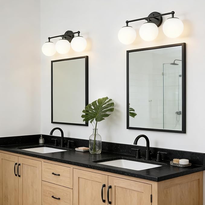 AKEZON 3-Light Black Bathroom Vanity Light Fixture, Modern Minimalist Vanity Lights with Milky White Glass Globe Shade, Wall Sconce Over Mirror Lighting for Bathroom Dressing Table Bedroom Living Room