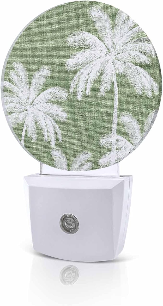 Night Lights Auto Sensor Tropical Palm Trees Night Light Green Linen Coastal Round Lamp Plug-in LED Nightlights Dusk to Dawn for Living Room Bedroom Bathroom Hallway Wall Decor