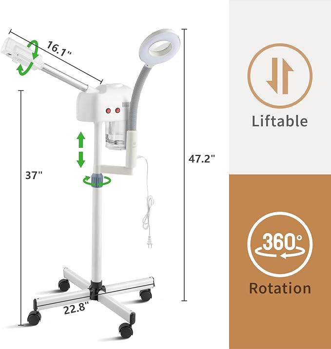 Facial Steamer Professional with Hot Mist Ozone Function, 3X LED Magnifying Lamp, Face Steamer for Home and Salon Spa Use, 360° Rotatable Nozzle & Adjustable Height