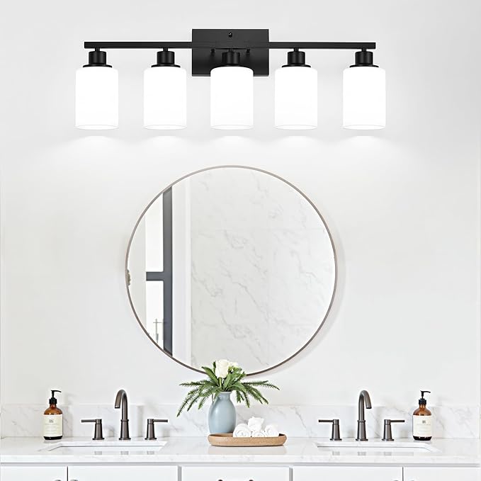 Indoi 5-Light Black Bathroom Vanity Light Fixture with Milky White Frosted Glass Shades, Bathroom Light Fixture for Mirror, Matte Finish, Reversible Up/Down Lighting for Bedroom, Living Room, Hallway
